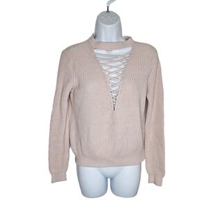 Vintage-Inspired Forever 21 Light Pink Lace-Up Sweater – Ribbed, Cozy, Medium"
